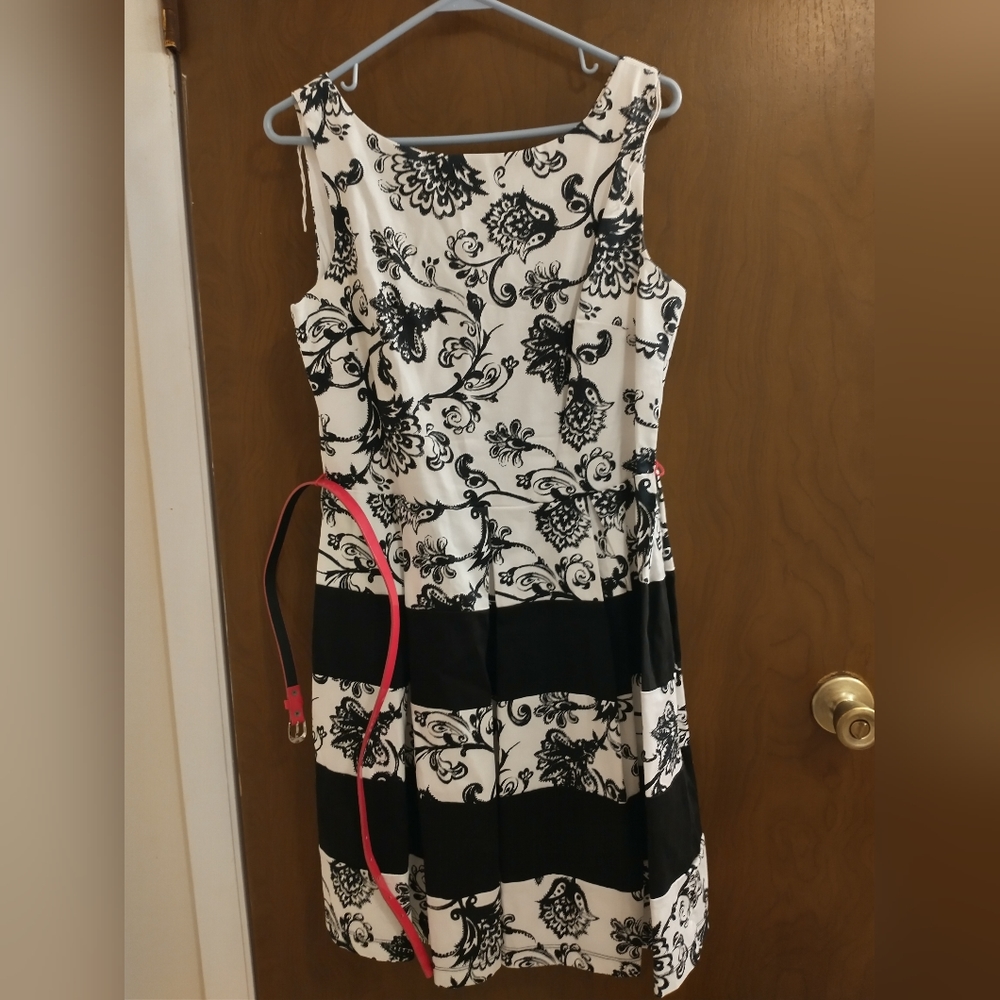 Tiana B dress black and white with pink belt, size 10